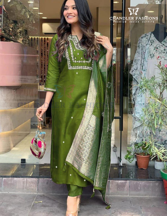 Beautiful Green Color Cotton Slub With Embroidery Work Salwar Suits For Women