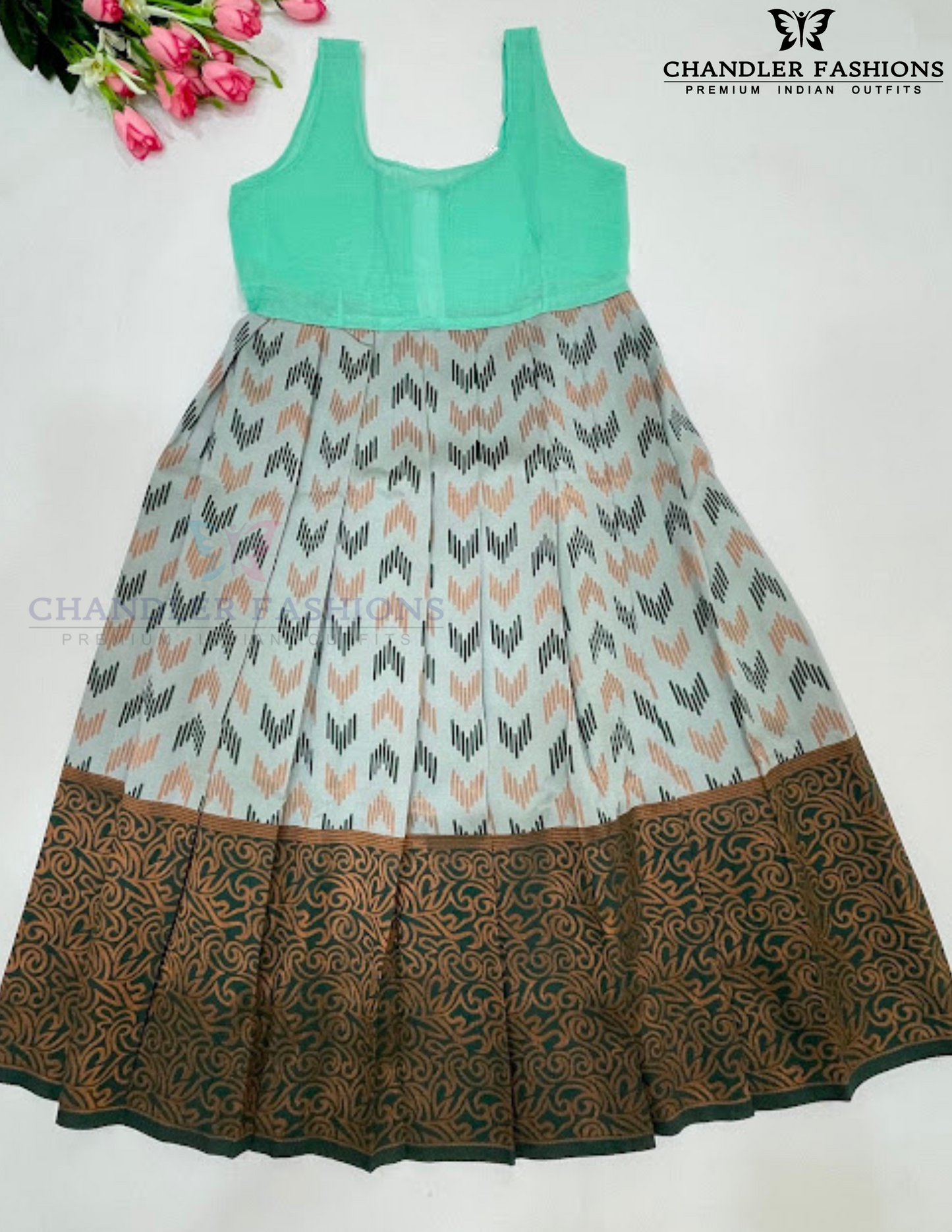 Green And Gray Silk Sets With Stone Work For Girls In Suncity