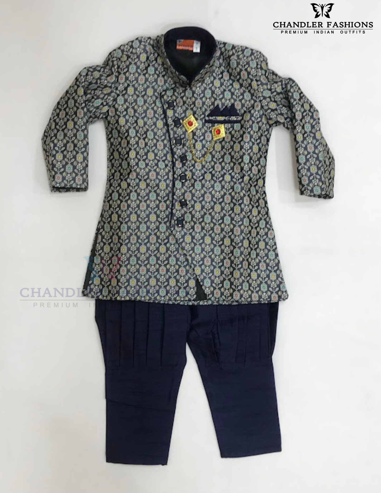 Pleasing Dark Blue Color Silk Cotton Sherwani Suit With Brooch Pin For Boys