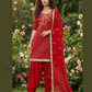 Beautiful Red Color Premium Jam Cotton Print With Handwork Patiala Suit For Women