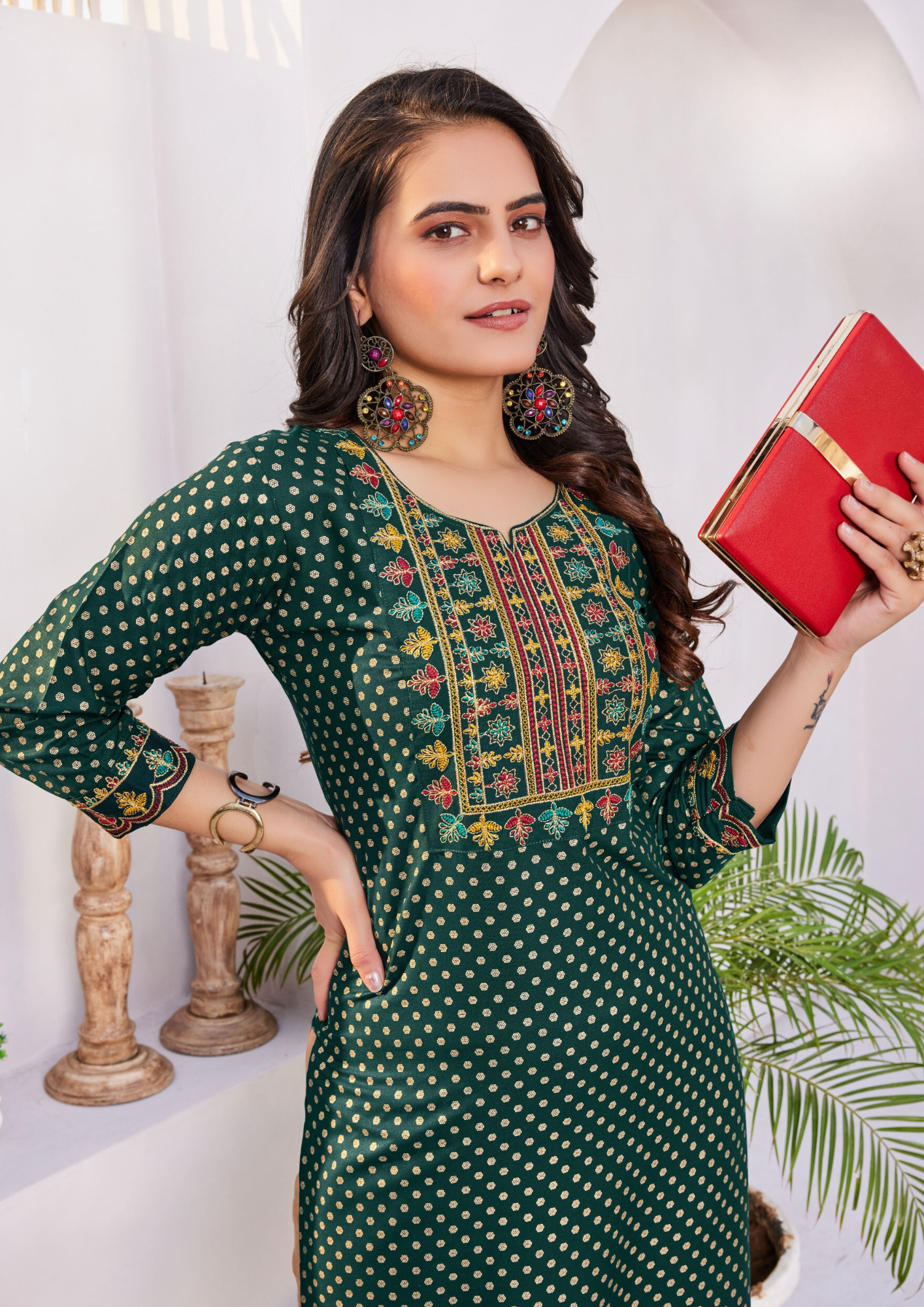 Pretty Dark Green Colored Dot Design Rayon Kurti Near Me