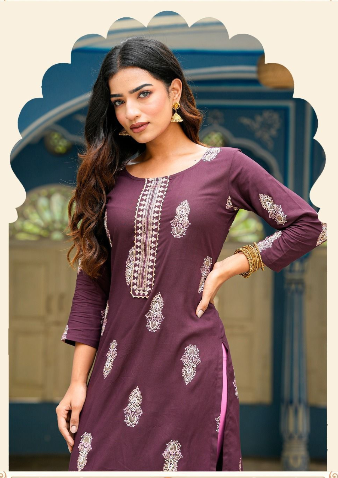 Alluring Brown Color Gold Design Print Rayon Kurti Near Me