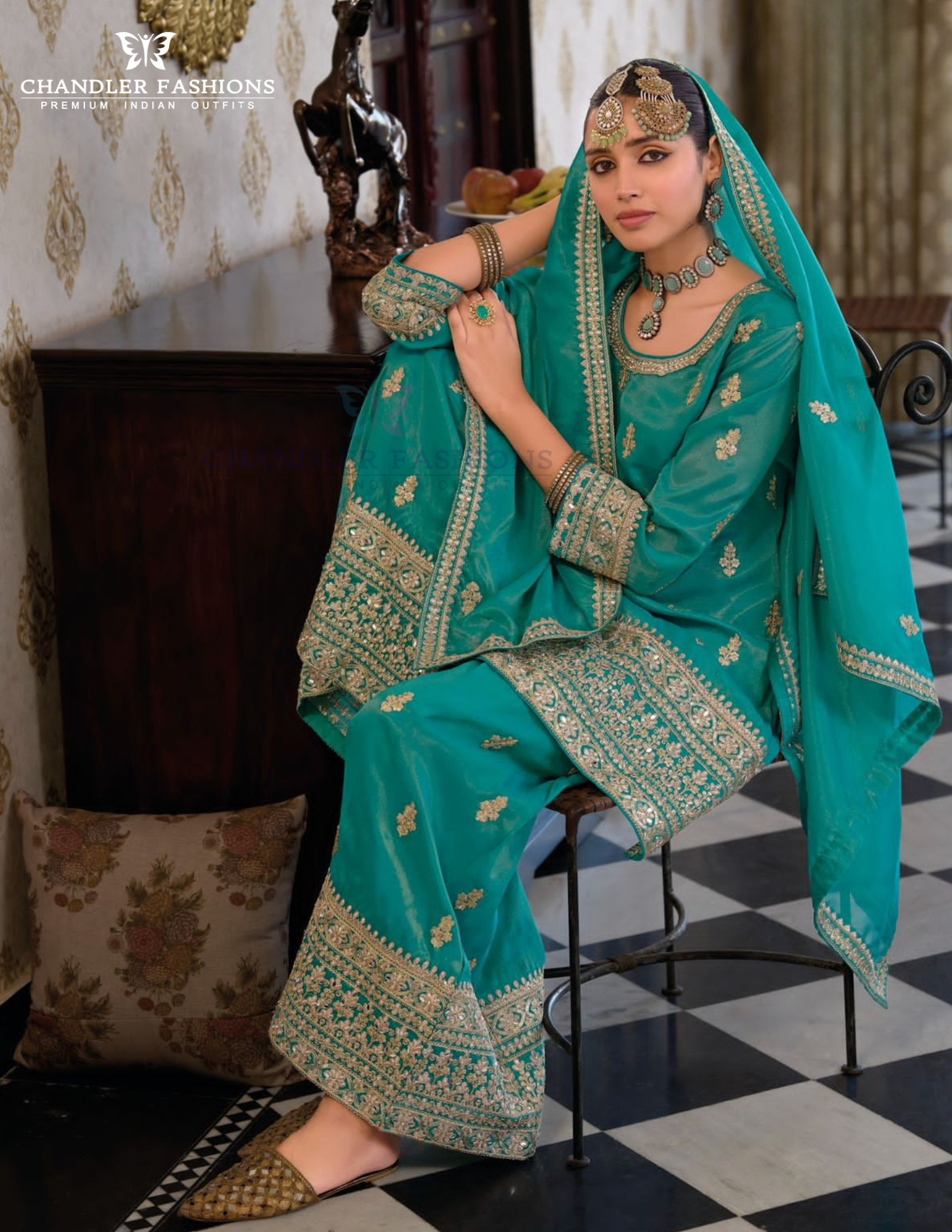 Teal Green Color Shimmer Silk With Embroidery Work Palazzo Suits In USA