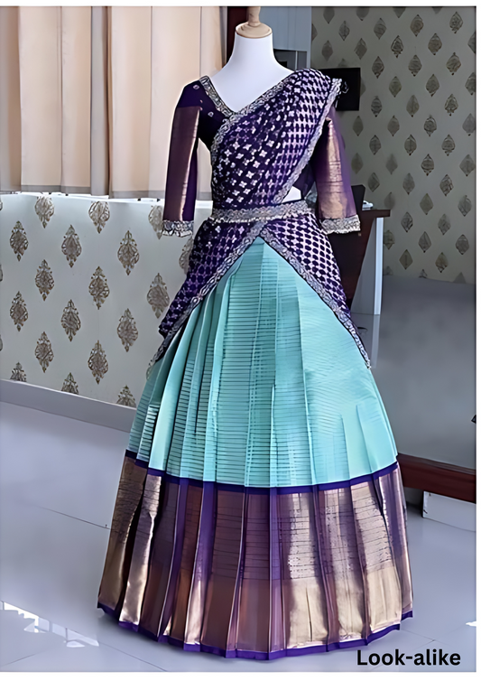 Elegant Blue Color Pure Kanjivaram Banarasi Silk Half Saree Lehenga With Blouse