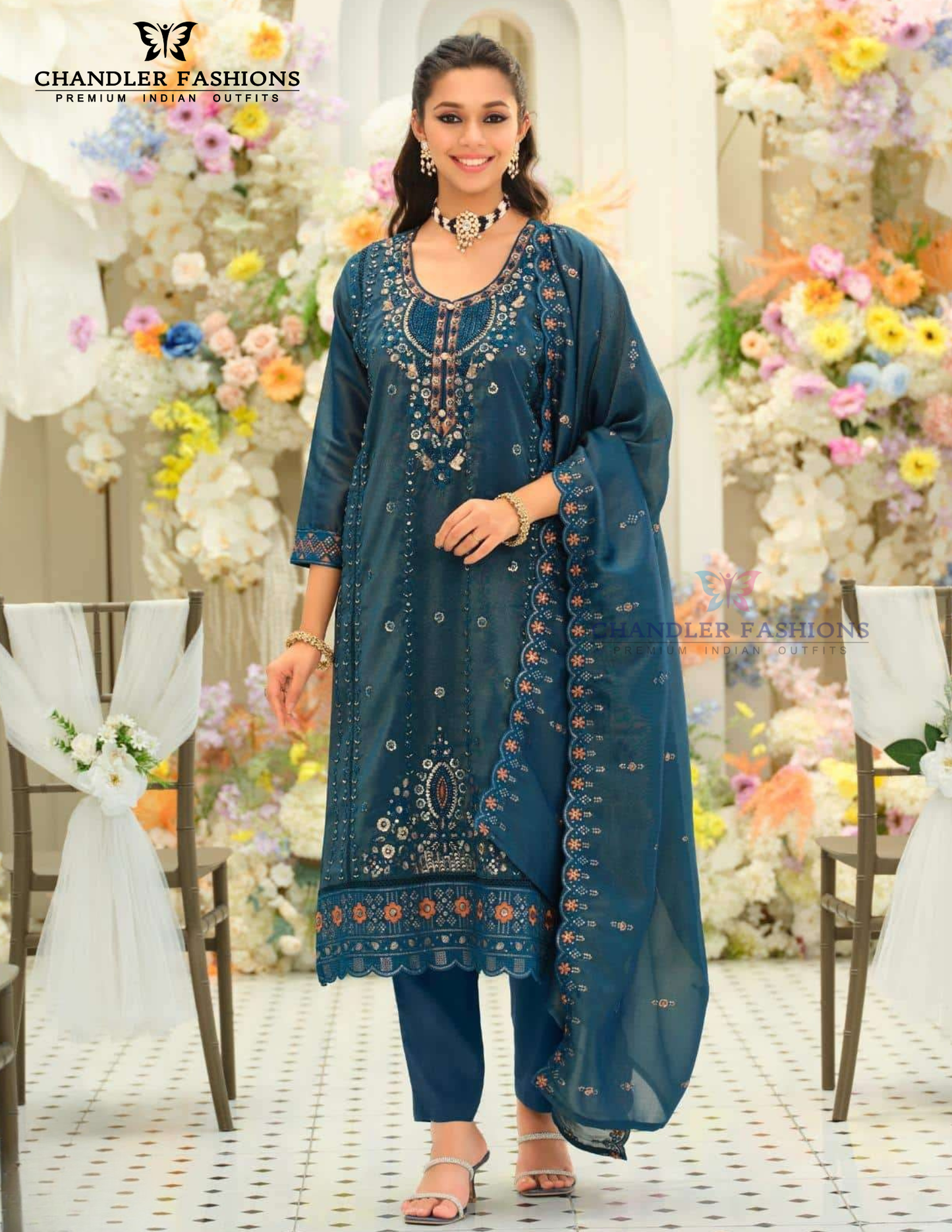 Graceful Blue Color Shimmer With Embroidery Work Salwar Suits For Women