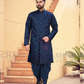 Pretty Navy Blue Color Silk Kurta With Embroidery Work And Cotton Pajama Set For Men