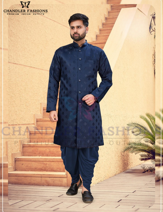 Pretty Navy Blue Color Silk Kurta With Embroidery Work And Cotton Pajama Set For Men