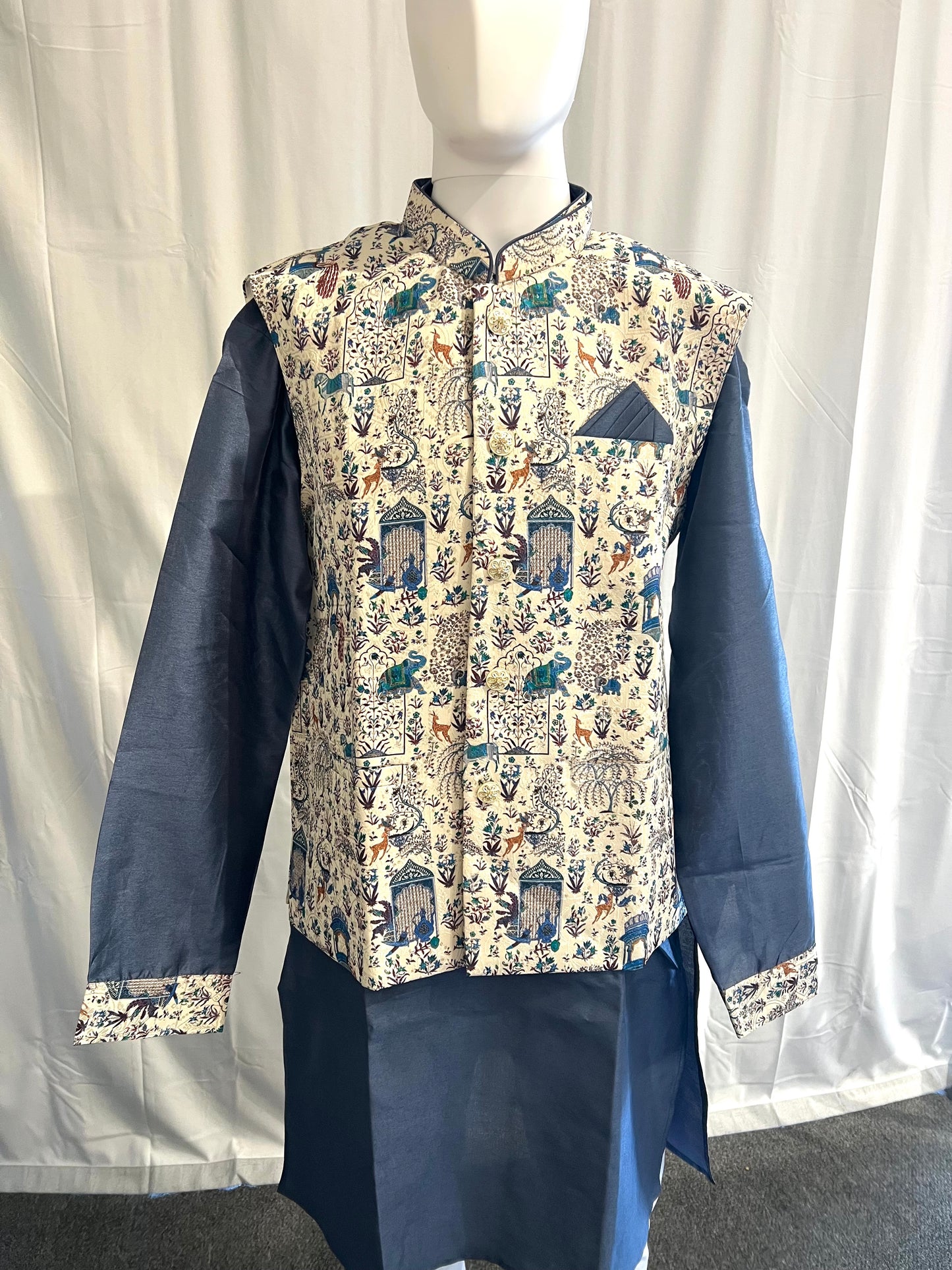 Fabulous Dark Blue Color Cotton With Printed Work Jacket Set For Men