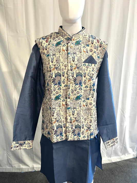 Fabulous Dark Blue Color Cotton With Printed Work Jacket Set For Men