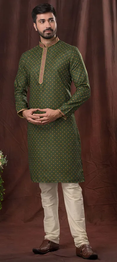 Charming Green Color Kurta Suits With Pajama Pant For Men