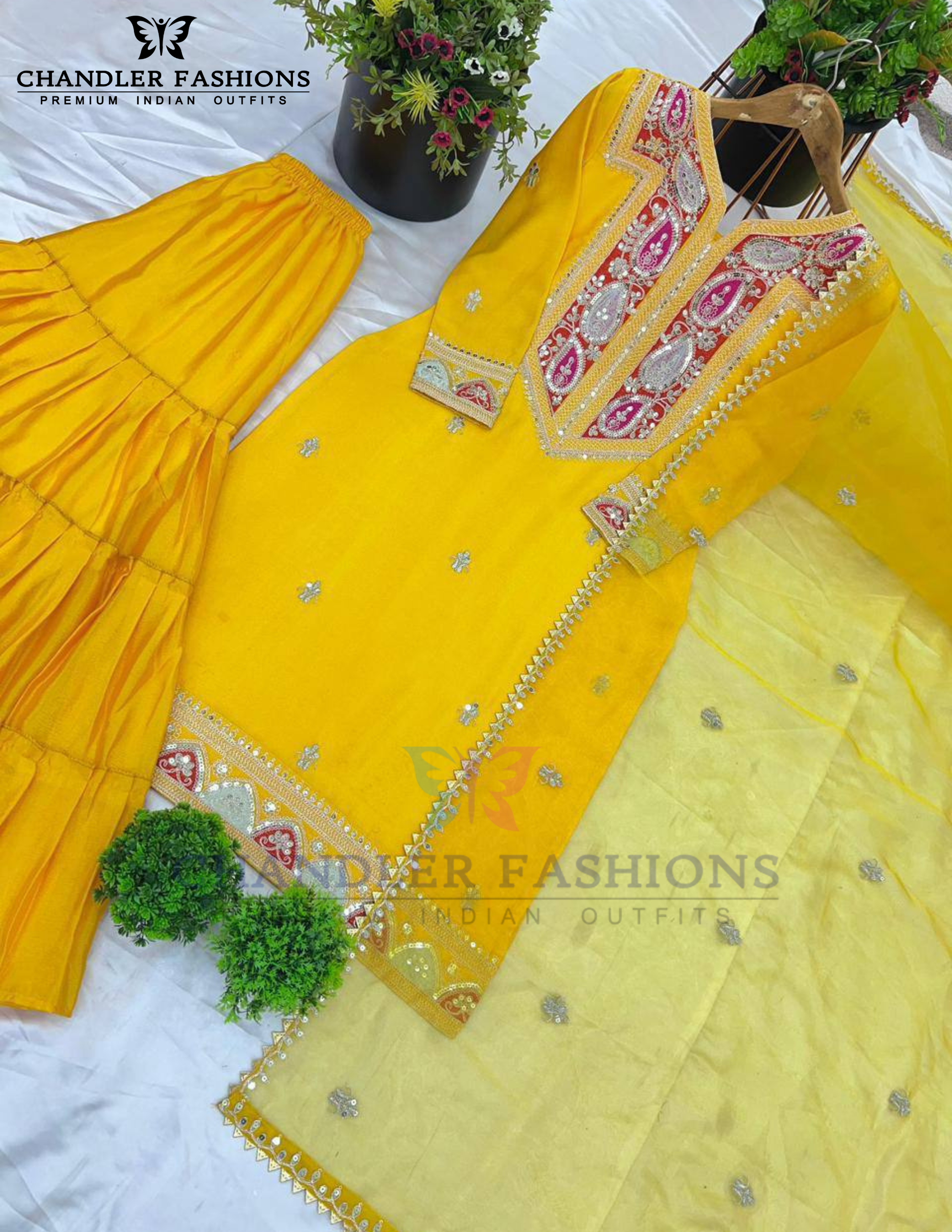 Yellow Color Chinon Silk Sharara Suits In Tempe