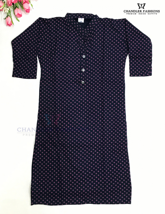 Alluring Dark Blue And Pink Color Rayon With Printed Work Kurti For Girls