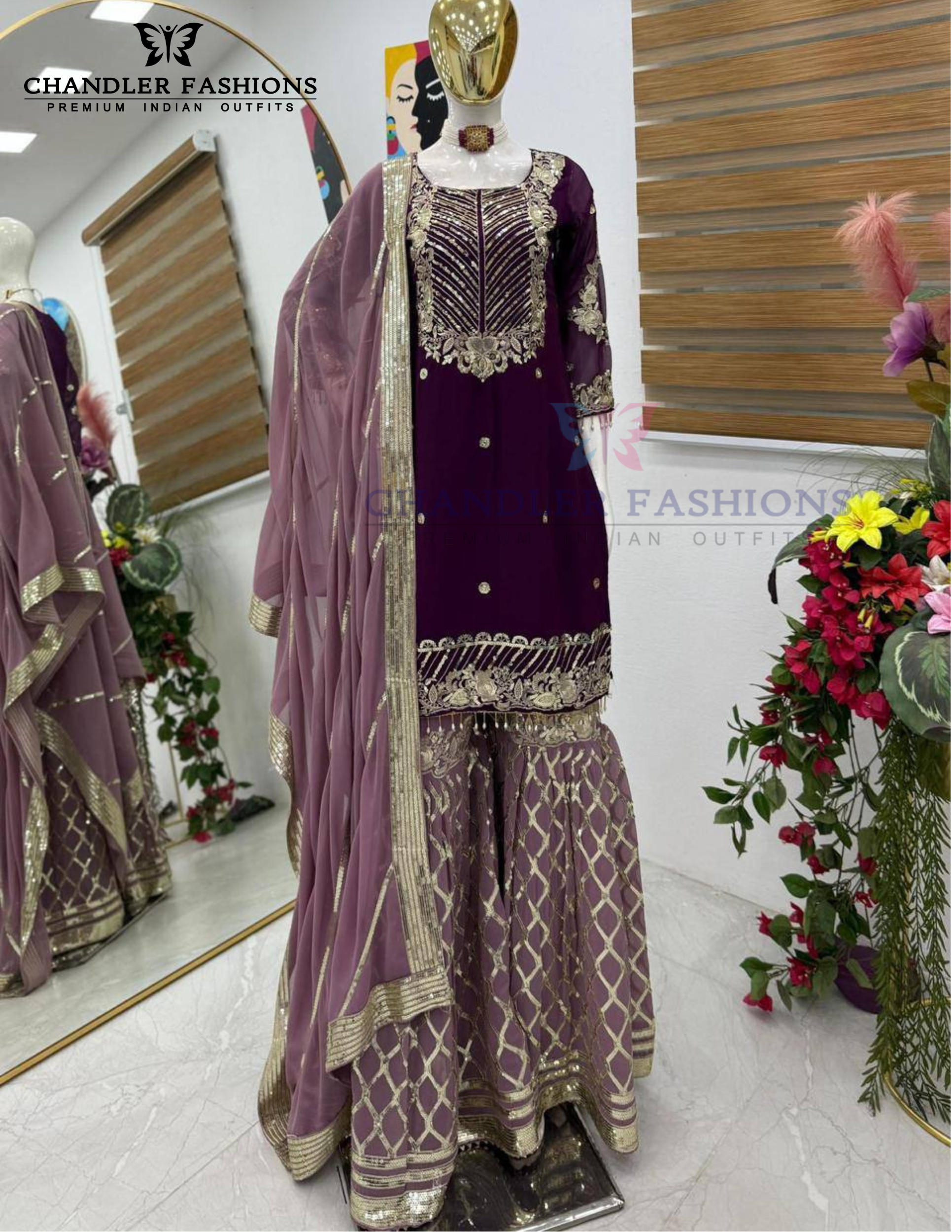 purple Color Georgette With Embroidered Sequins Work Sharara Suits in Suncity