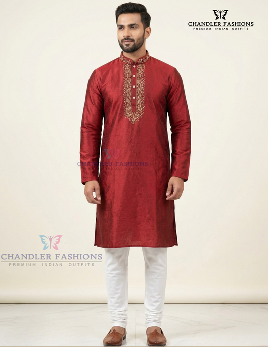 Beautiful Maroon Color Brocade Designer Men's Kurta With Pajama Pant