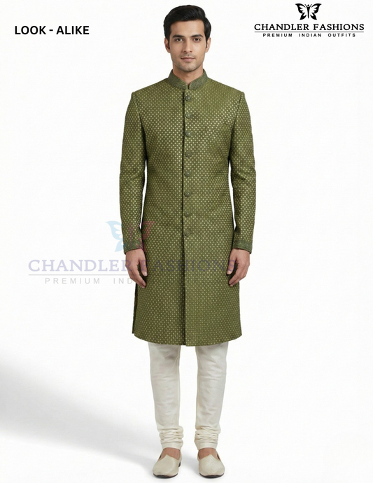 Premium Designer Vivaah Hand Embroidery Silk Sherwani Suit For Men - Green