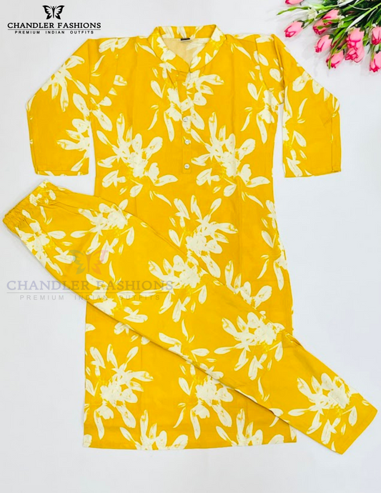 Alluring Yellow Colored Floral Design Work Cotton Kurti Suits For Girls