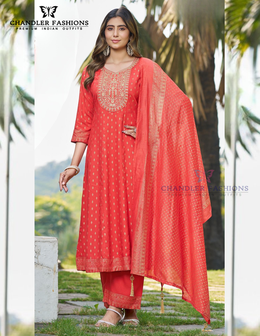 Pretty Red Color Rayon With Embroidery And Sequins Work Salwar Suits For Women