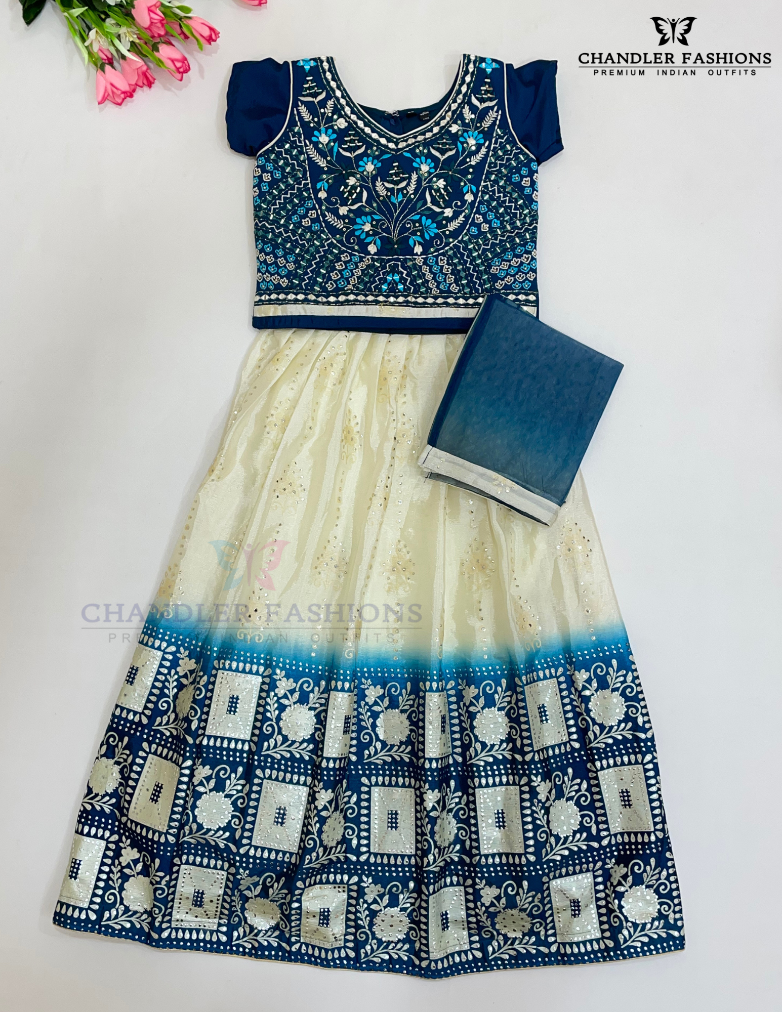 Alluring Teal Blue And Off White Color Georgette With Embroidery And Mirror Work Choli For Girls