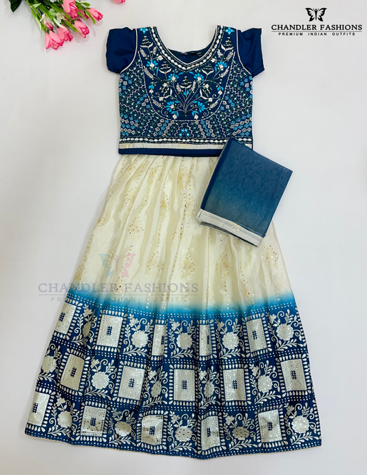 Alluring Teal Blue And Off White Color Georgette With Embroidery And Mirror Work Choli For Girls
