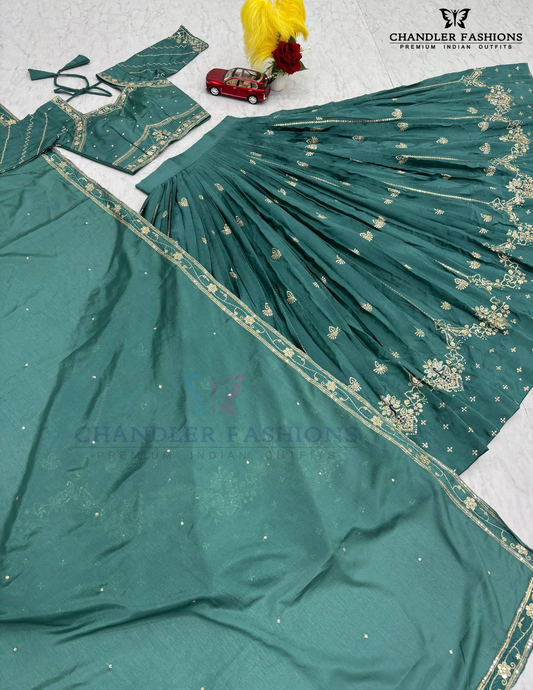 Charming Teal Green Color Embroidery And Sequins Work Lehenga Choli