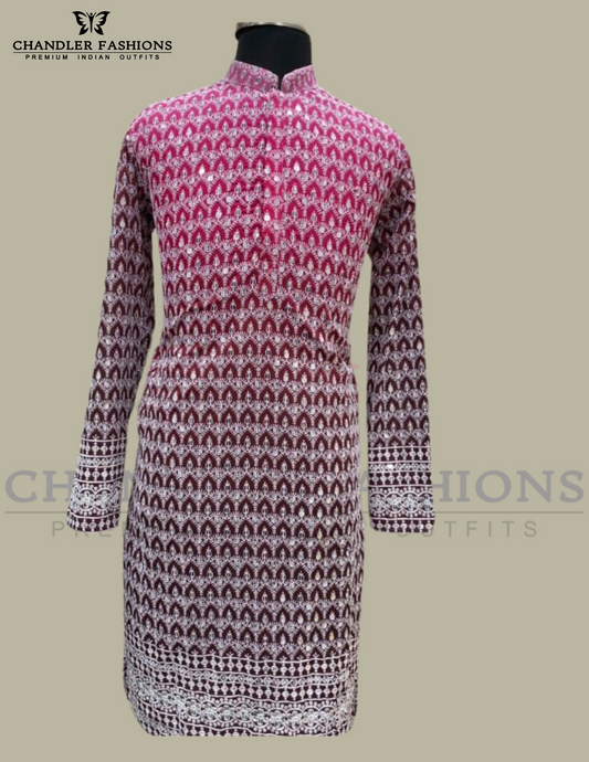 Wounderful Pink Color Embroidery And Sequins Work Kurta With Pajama For Men