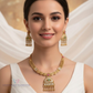 Appealing White And Pink Color Stone Traditional Antique Gold Necklace With Earrings Set For Women