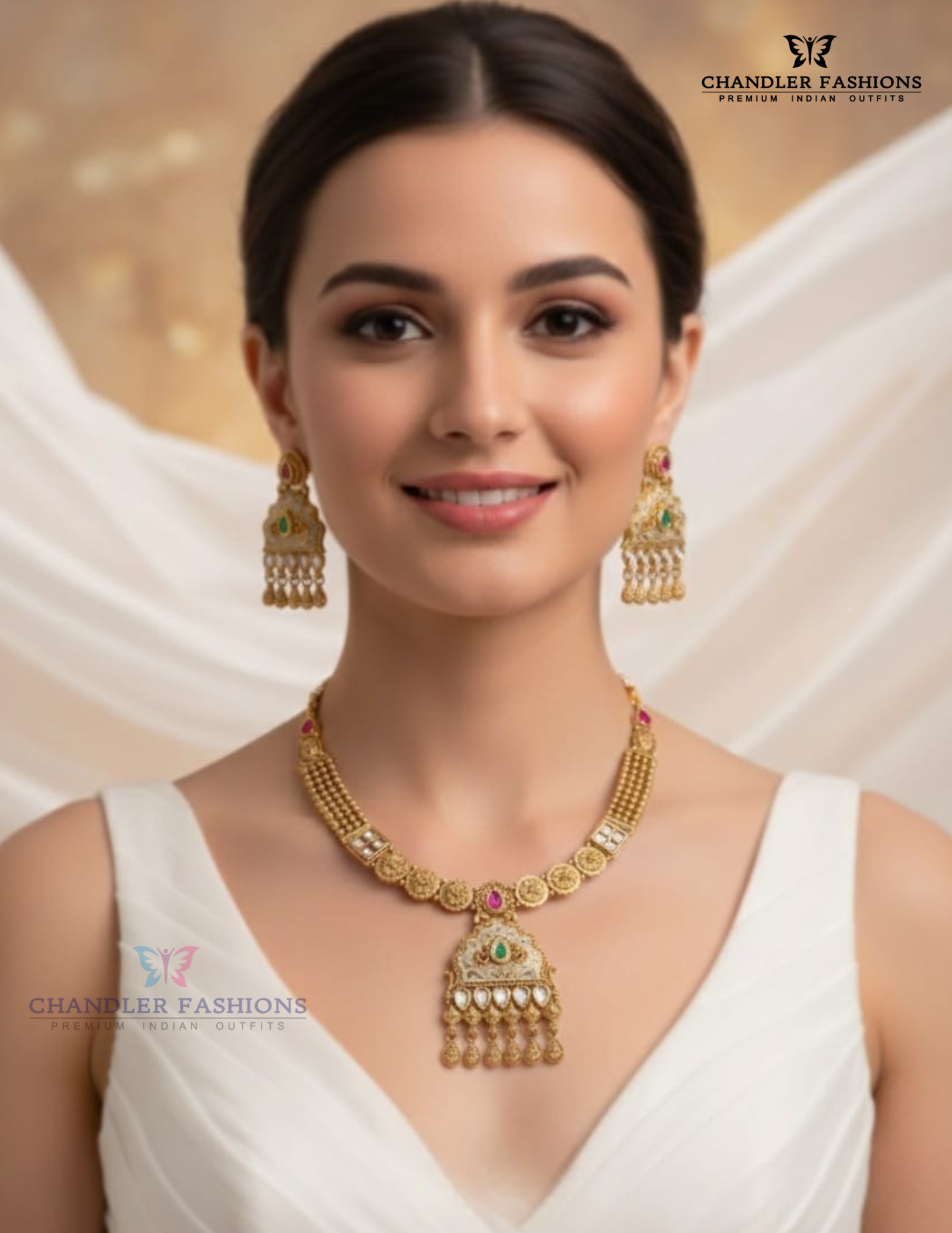 Appealing White And Pink Color Stone Traditional Antique Gold Necklace With Earrings Set For Women