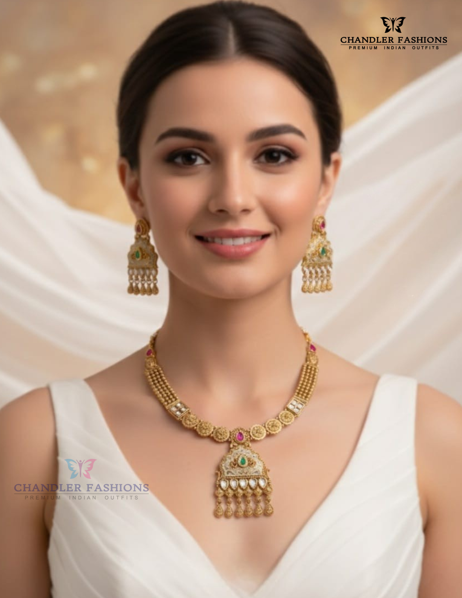 Appealing White And Pink Color Stone Traditional Antique Gold Necklace With Earrings Set For Women