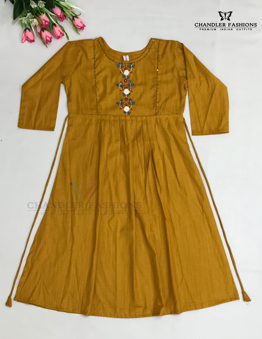 Attractive Mustard Yellow Color Rayon With Embroidery And Mirror Work Kurti For Girls