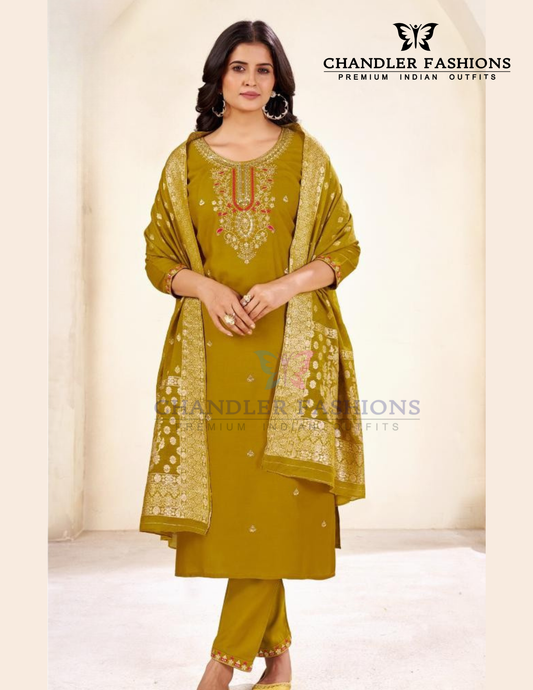 Amazing Mustard Yellow Color Rayon With Thread Work Salwar Suits For Women