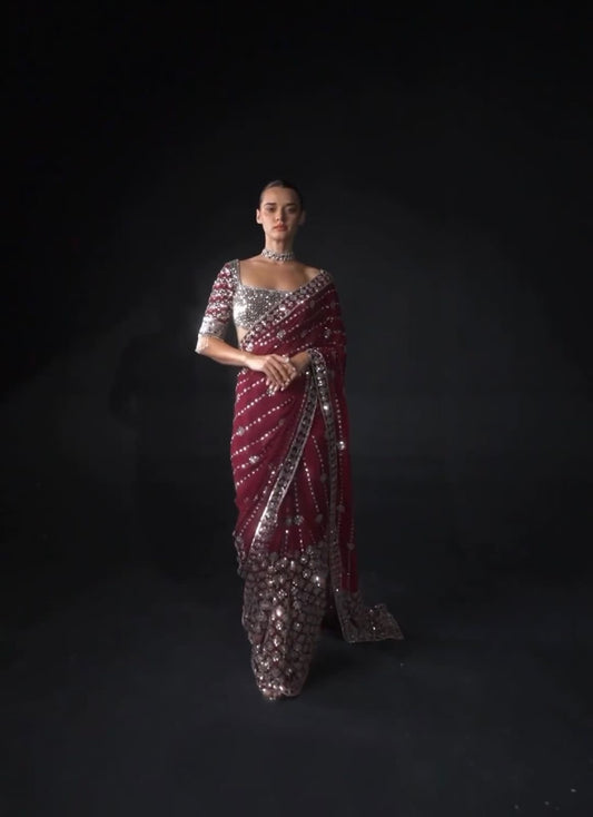 Beautiful Maroon color Soft Georgette Sequins Embroidery Work Sarees For Women