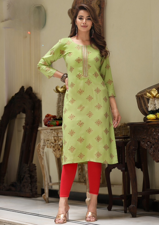 Graceful Light Green Colored Rayon Kurti With Fancy Embroidery Work