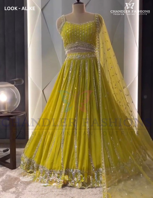 Alluring Yellow Color Faux Georgette With Heavy Embroidery Sequins Work Lehenga Choli