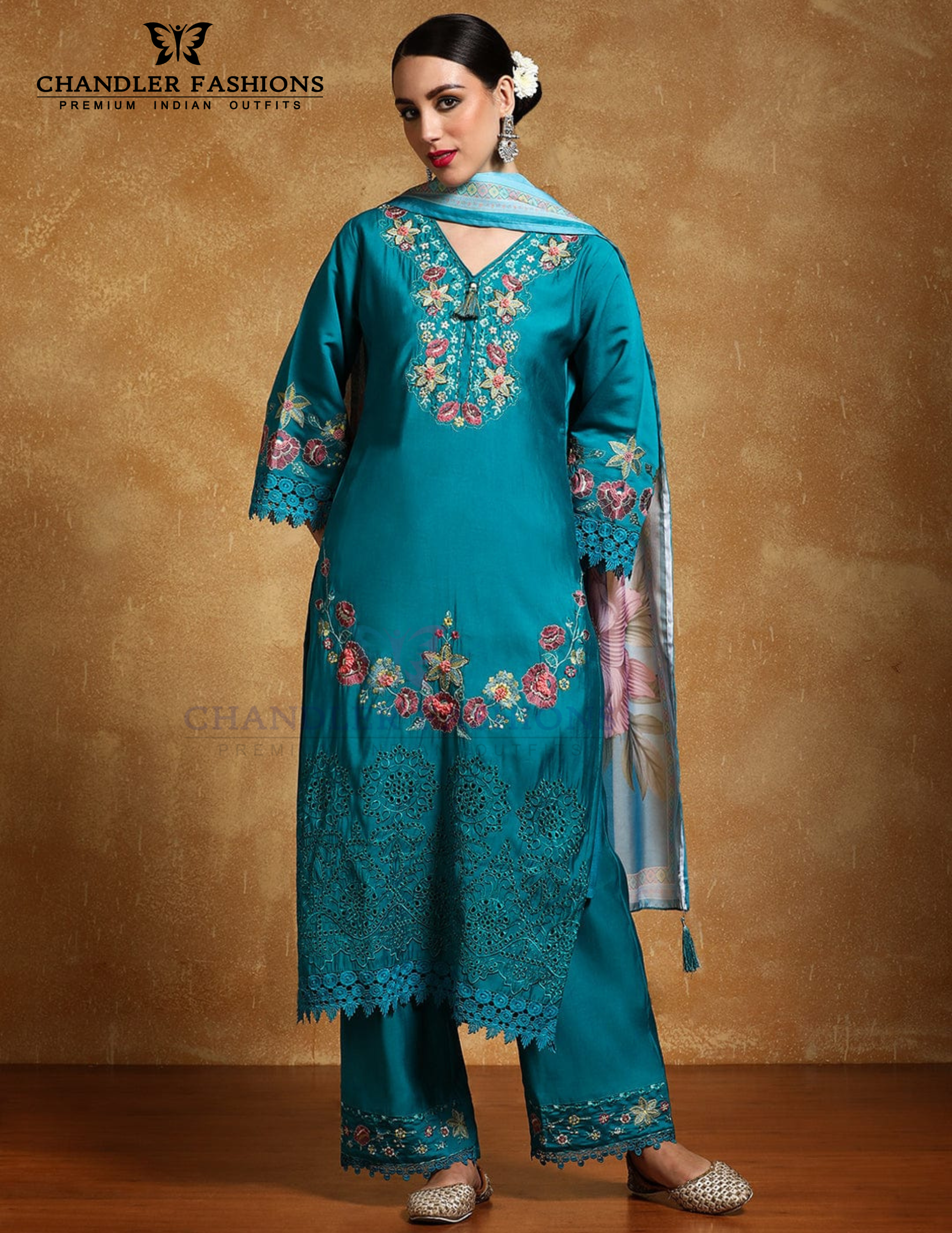 Attractive Teal Blue Pure Cotton With Embroidery Work Salwar Suits In USA