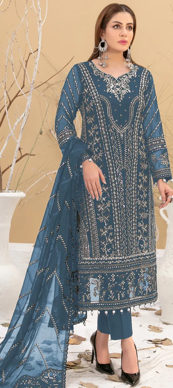 Alluring Gray Colored Faux Georgette With Embroidery Work Salwar Suits For Women