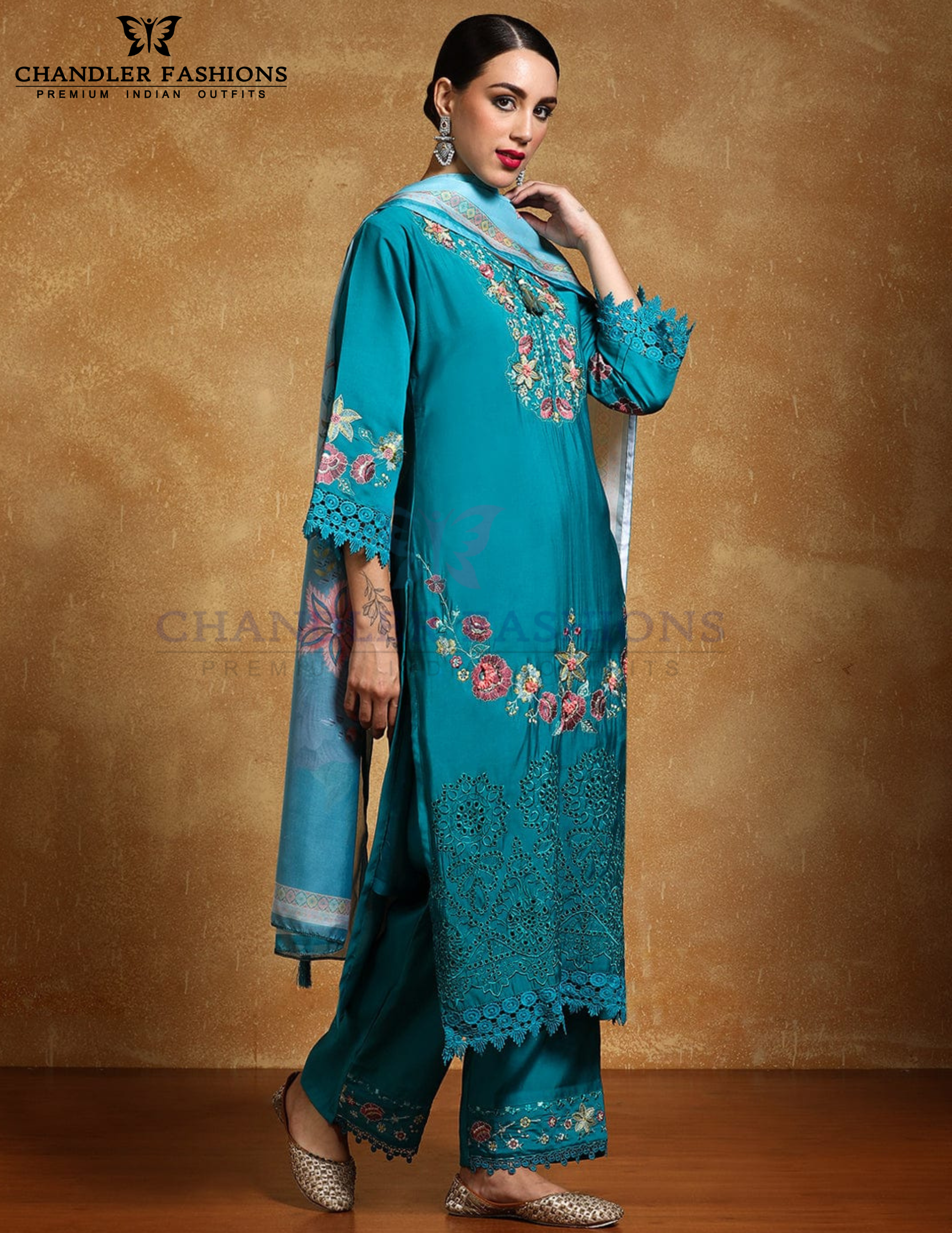Attractive Teal Blue Pure Cotton With Embroidery Work Salwar Suits Near Me