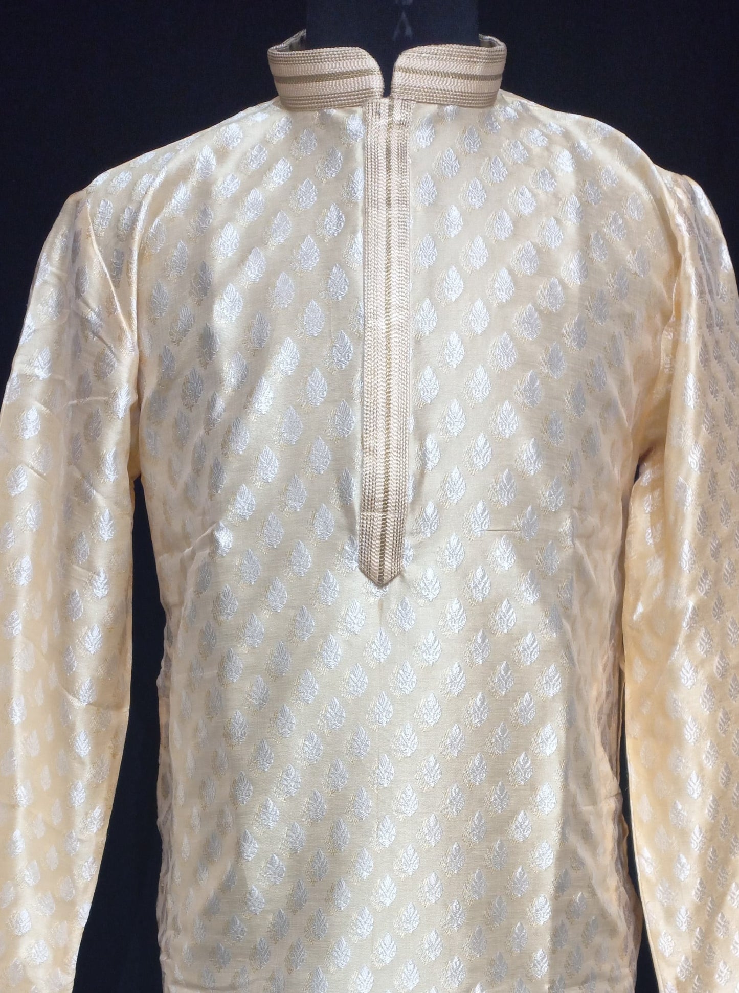 Stunning Cream Color Silver Zari Embroidery Work Banarasi Brocade Kurta Suits With Linning For Men Near Me