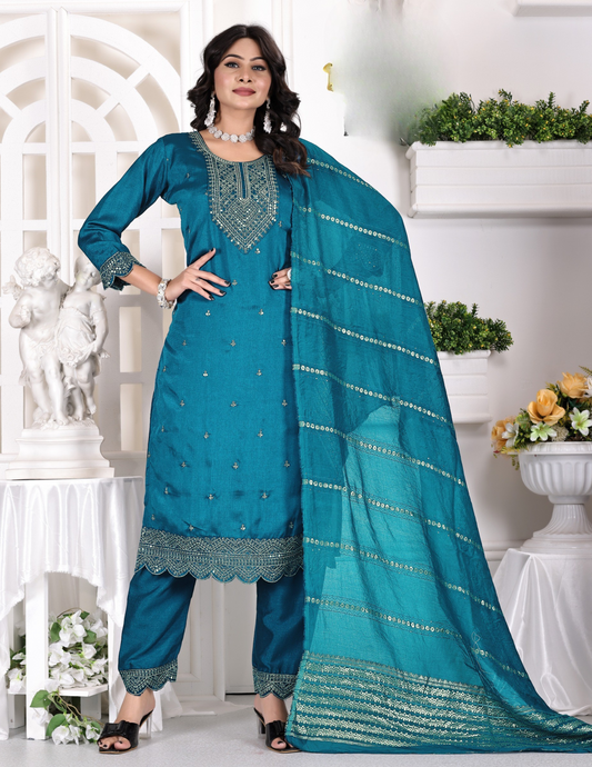 Beauteous Sky Blue Color Zari Embroidery and Sequins Work Salwar Suits With Dupatta