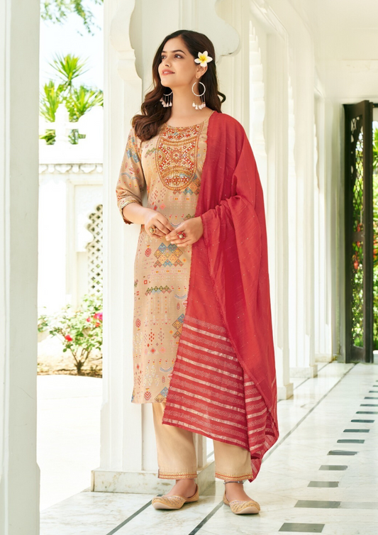 Gorgeous Peach Color Straight Kurthi With Pant And Fancy Jacquard Dupatta For Women