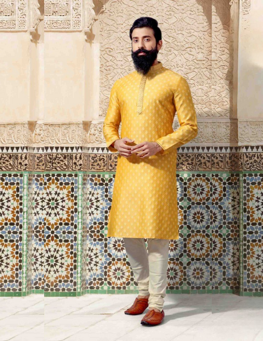 Appealing Yellow Color Slub Silk Embroidery Work Kurta With Pajama Pant