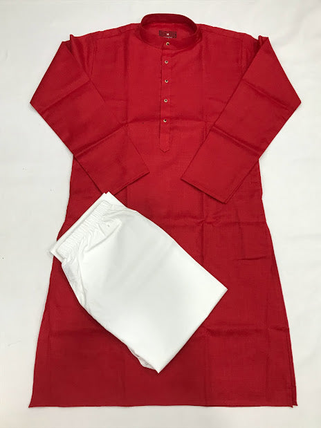 Beautiful Red Color Cotton Kurta With Pajama Pants For Kids