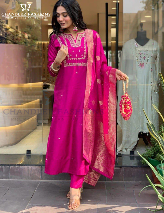 Elegant Pink Color Cotton Slub With Embroidery Work Salwar Suits For Women
