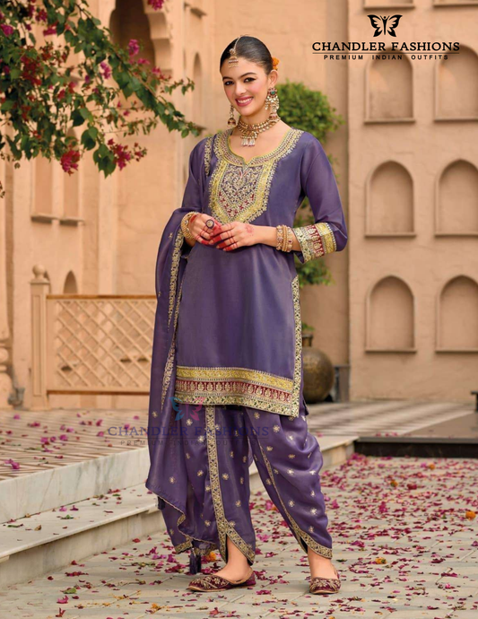 Beautiful Purple Color Shimmer With Embroidery Work Kurti With Dhoti Pant Set For Women