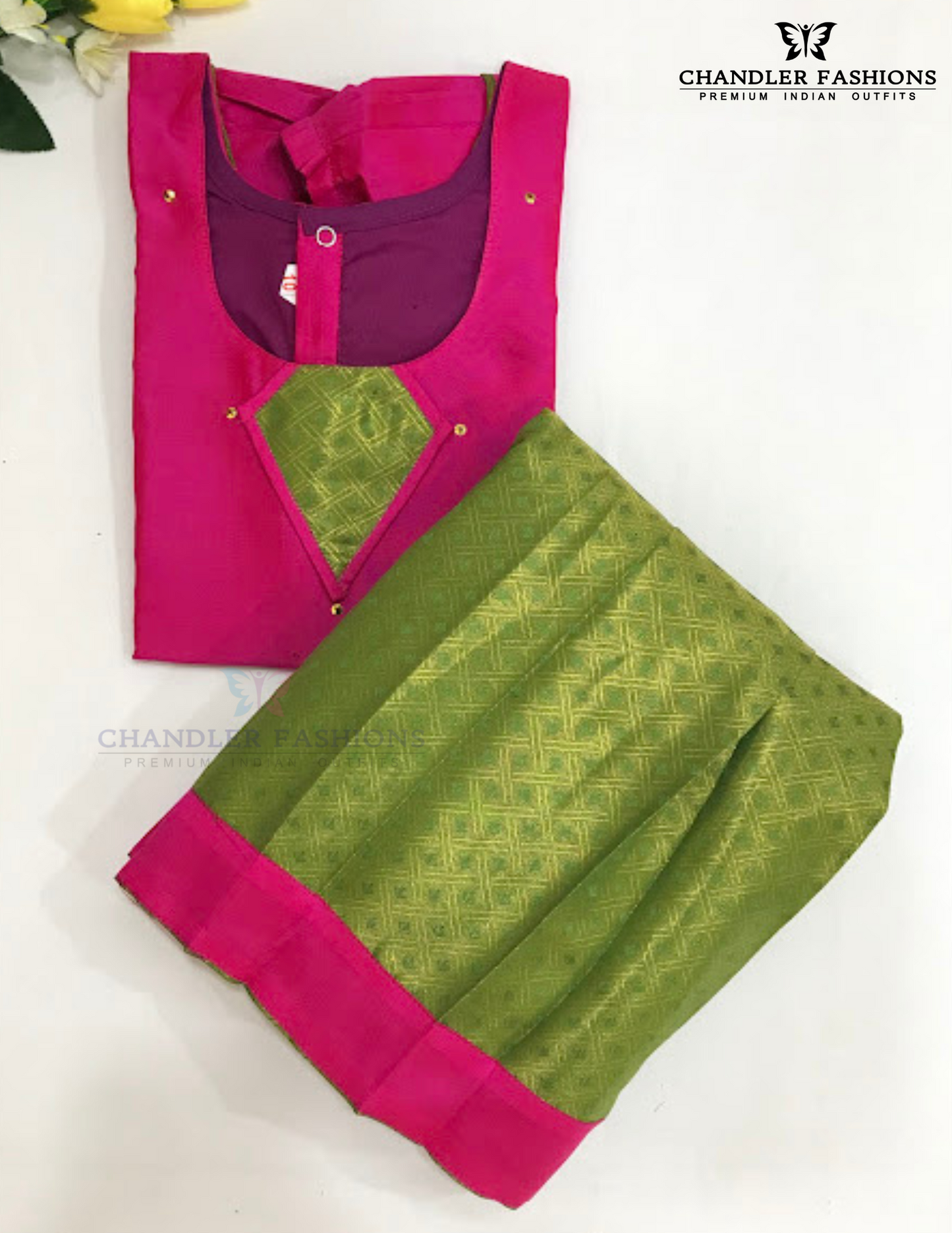 Pink And Parrot Green Colored Art Silk Langa Sets In USA