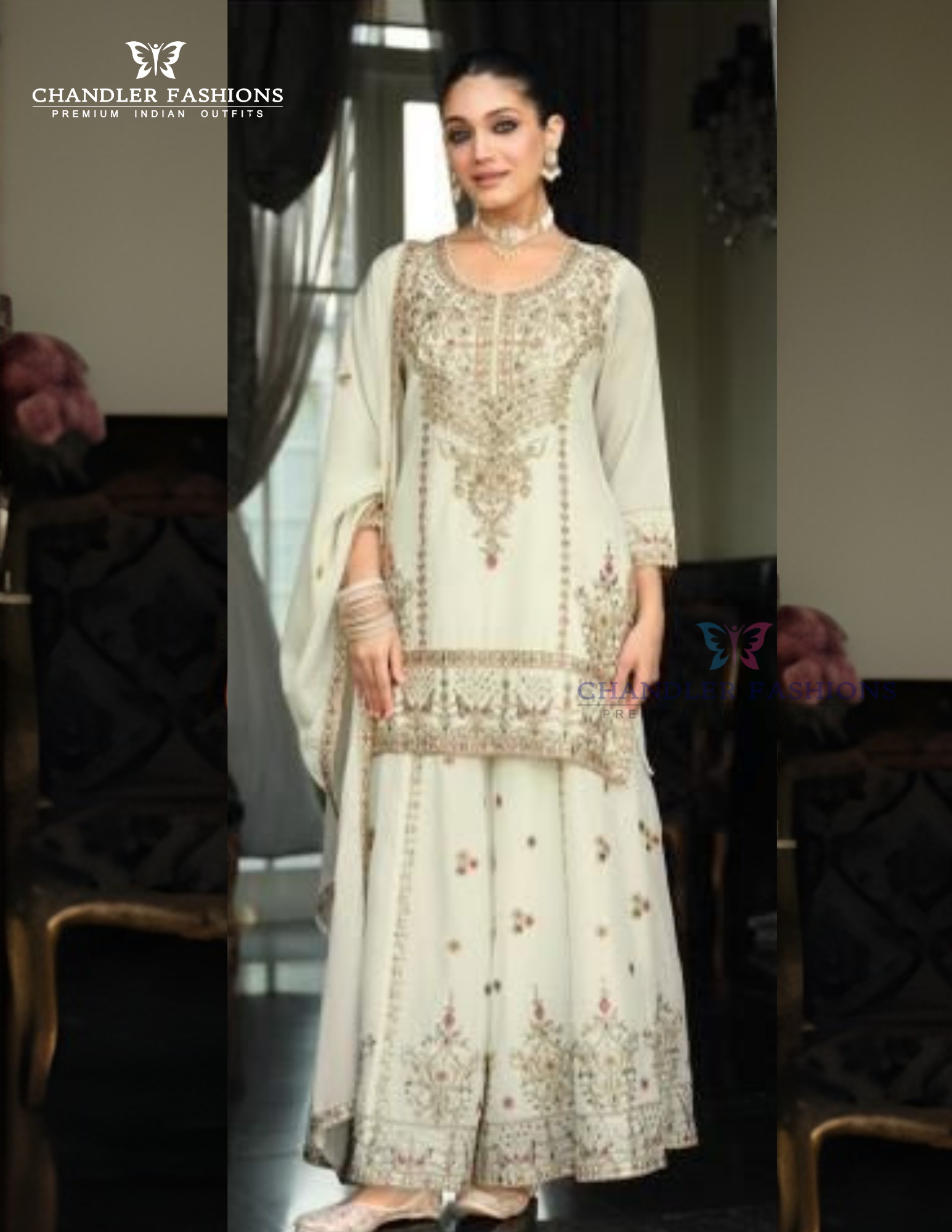 Gorgeous White Color Chinon With Embroidery Work Palazzo Suits With Dupatta