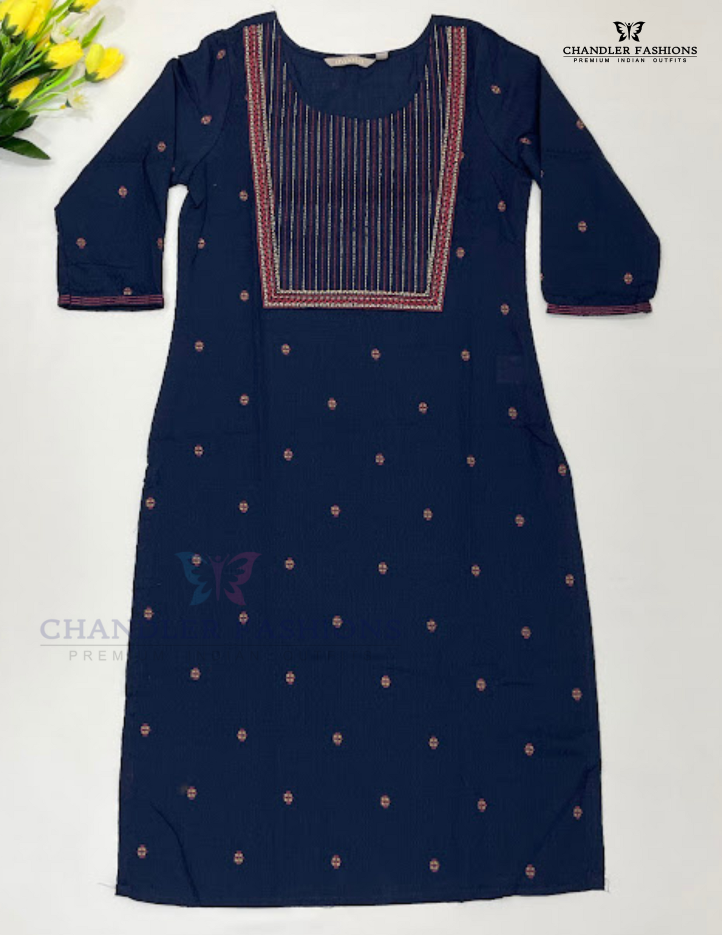 Exquisite Dark Blue Color Cotton Kurti With Thread Embroidery Work For Women