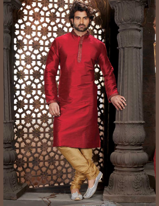 Gorgeous Cream Color Dupion Silk Lace Work With Pajama Set For Men's Kurta