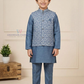 Charming Blue Color Silk With Printed Work Sherwani Suits With Jacket For Boys