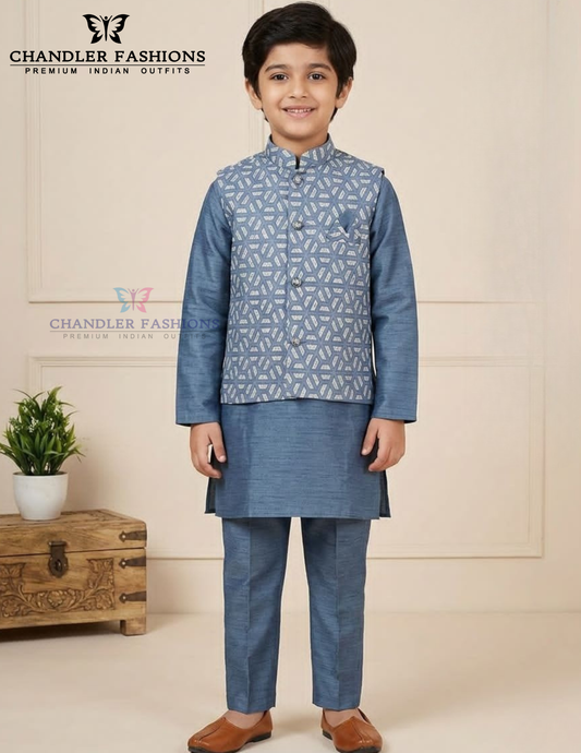 Charming Blue Color Silk With Printed Work Sherwani Suits With Jacket For Boys
