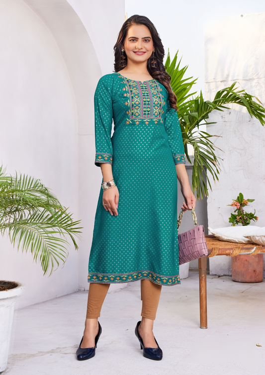 Heavenly Teal Blue Color Rayon Kurti With Zari & Thread Embroidery Work